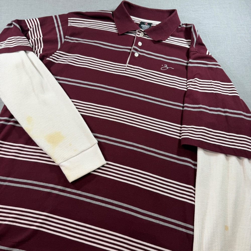 Starbury Polo Shirt Mens XL Burgundy Striped Fair‎ Layered Thermal Long Sleeve